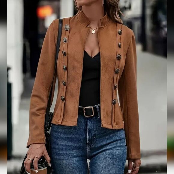 Vintage-Style Double Breasted Jacket with Decorative Buttons Flap Pockets Sz S - Picture 1 of 9